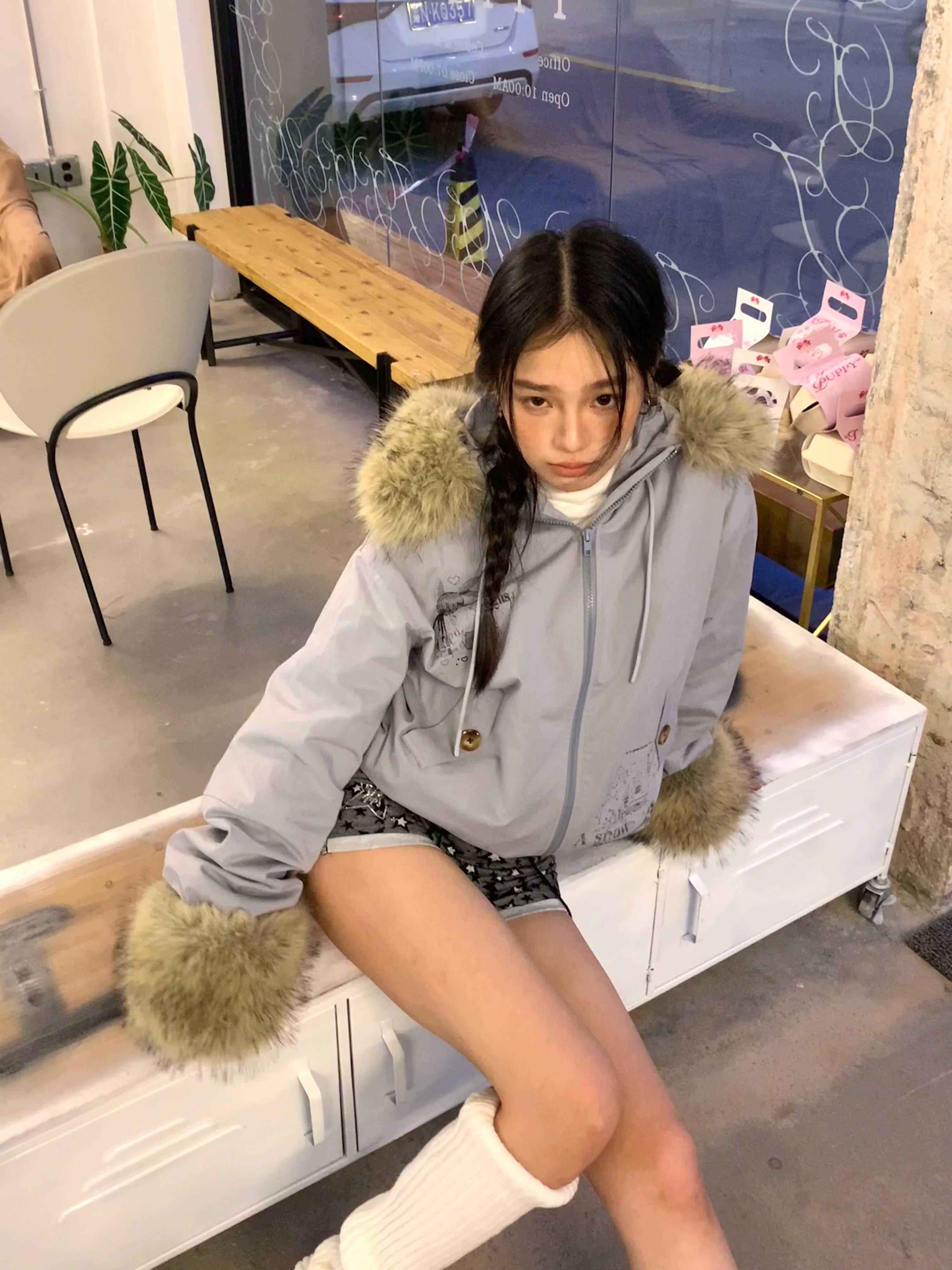Fake Fur Trim Graphic Print Oversize Hooded Jacket