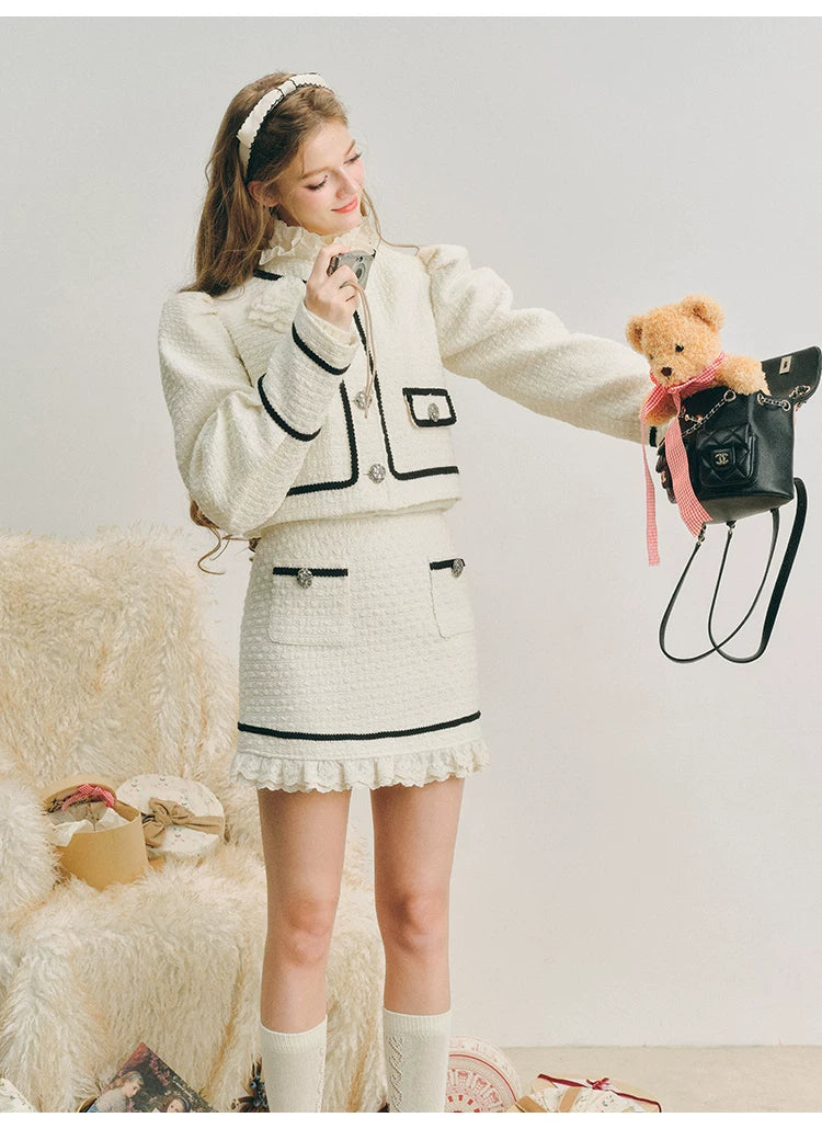 Bubble Sleeve Button Up Jacket & Lace Short Skirt Setup