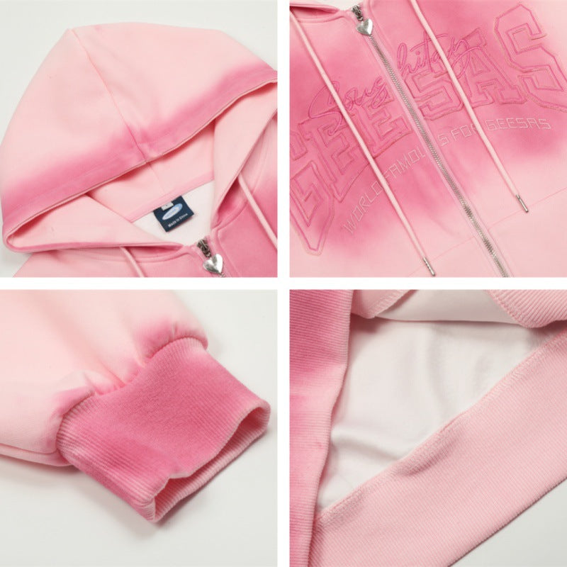 Felpa con cappuccio oversize con cerniera e patchwork di lettere sfumate