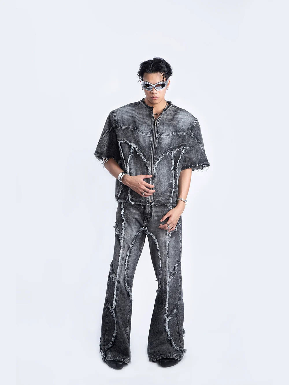 Damage Fringe Short-sleeve Denim Jacket & Micro Flare Denim Jeans Setup