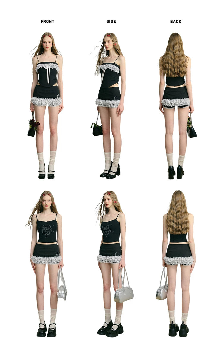 Lace Bow Camisole & Short Skirt Setup