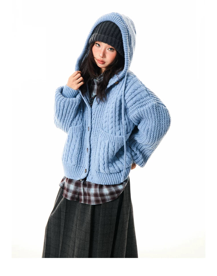 Hooded Button Oversize Cable Knit Cardigan