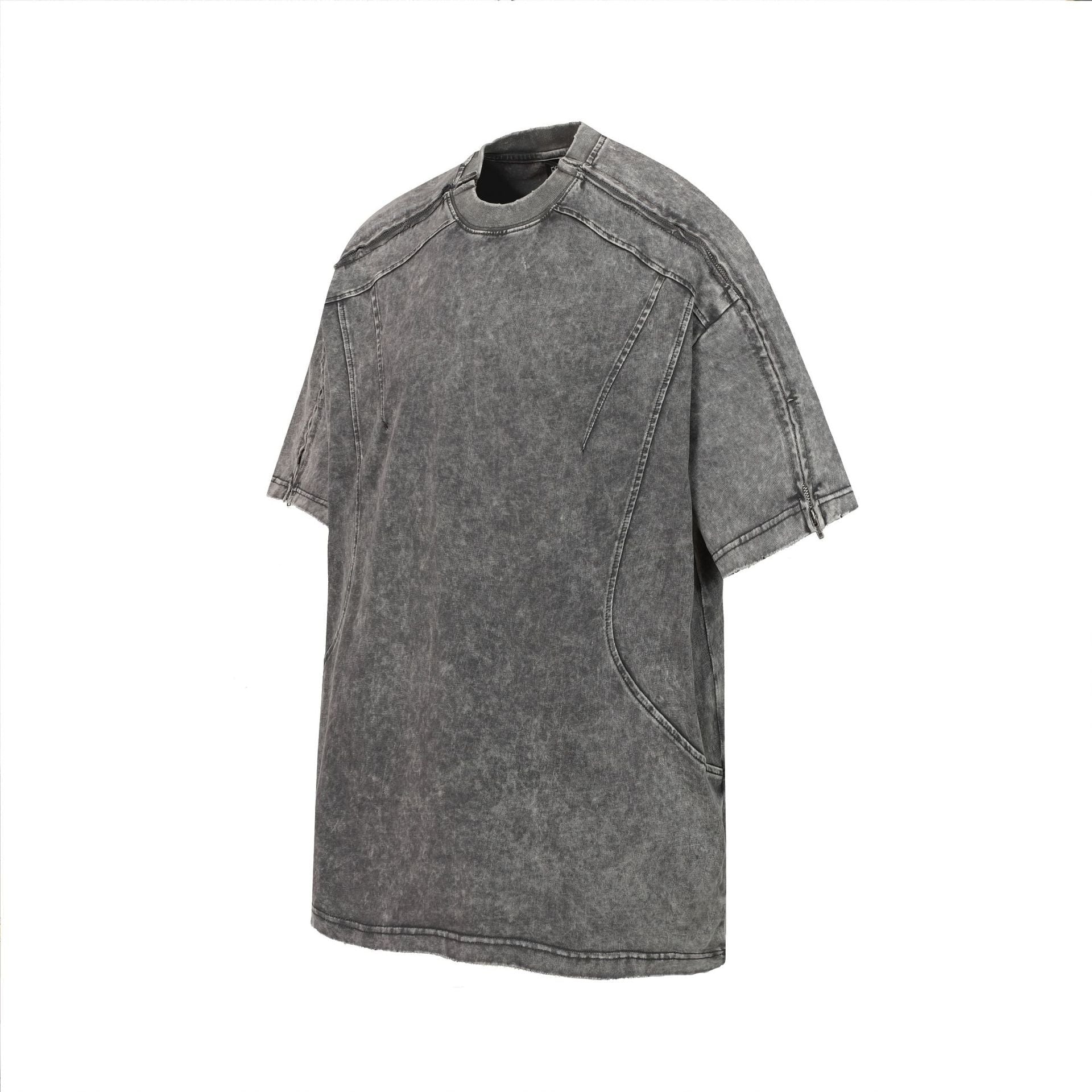 Washed Panel Design Zipper Detail Short Sleeve T-Shirt