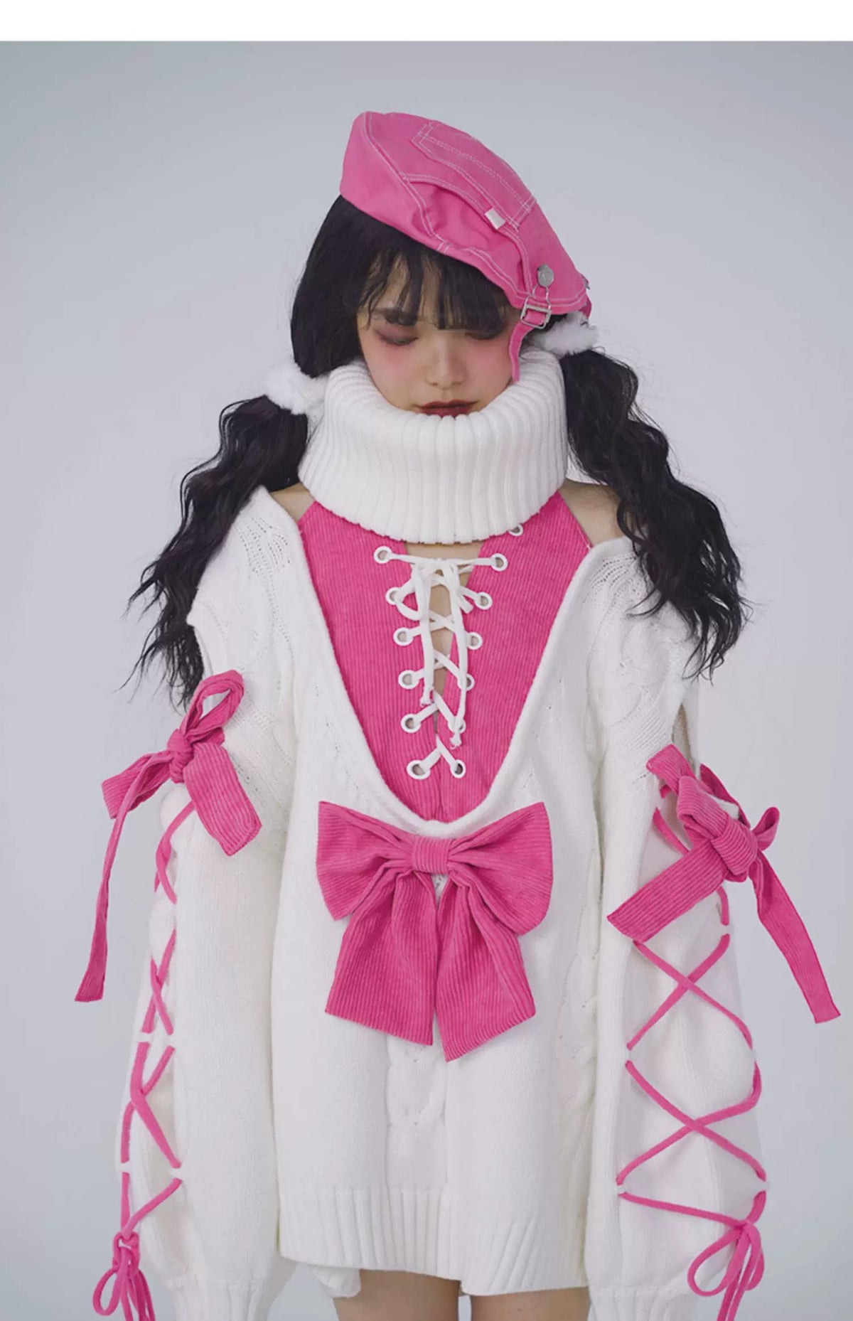 Oversize Fake Layered Bow Knit Sweater