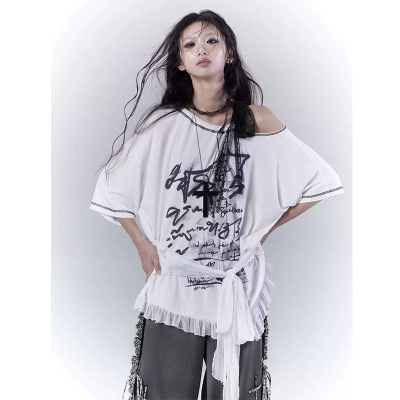 Design Print Sheer Oversize Short Sleeve T-Shirt