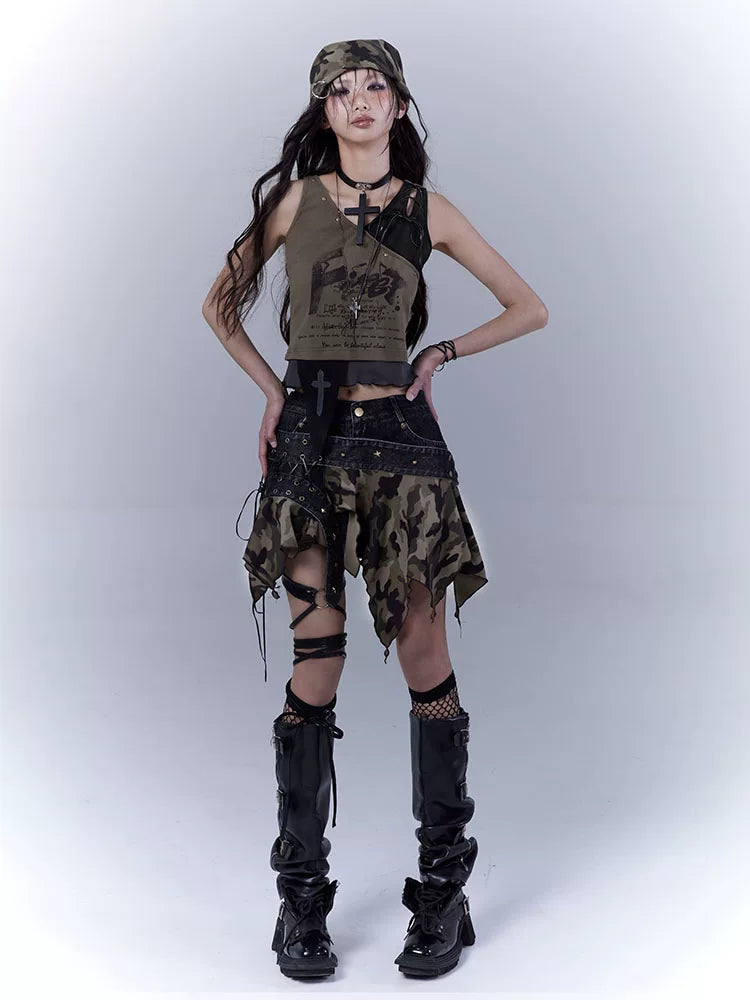 Original Design Damage Camouflage Lace-Up Short Denim Skirt