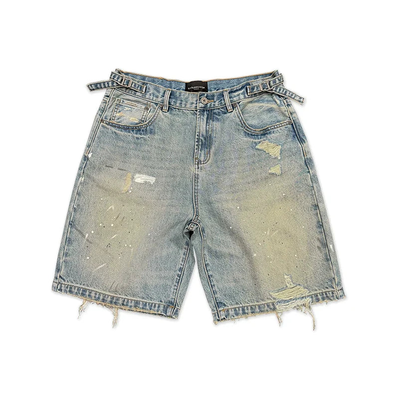 Damage Paint Fade Washed Denim Short