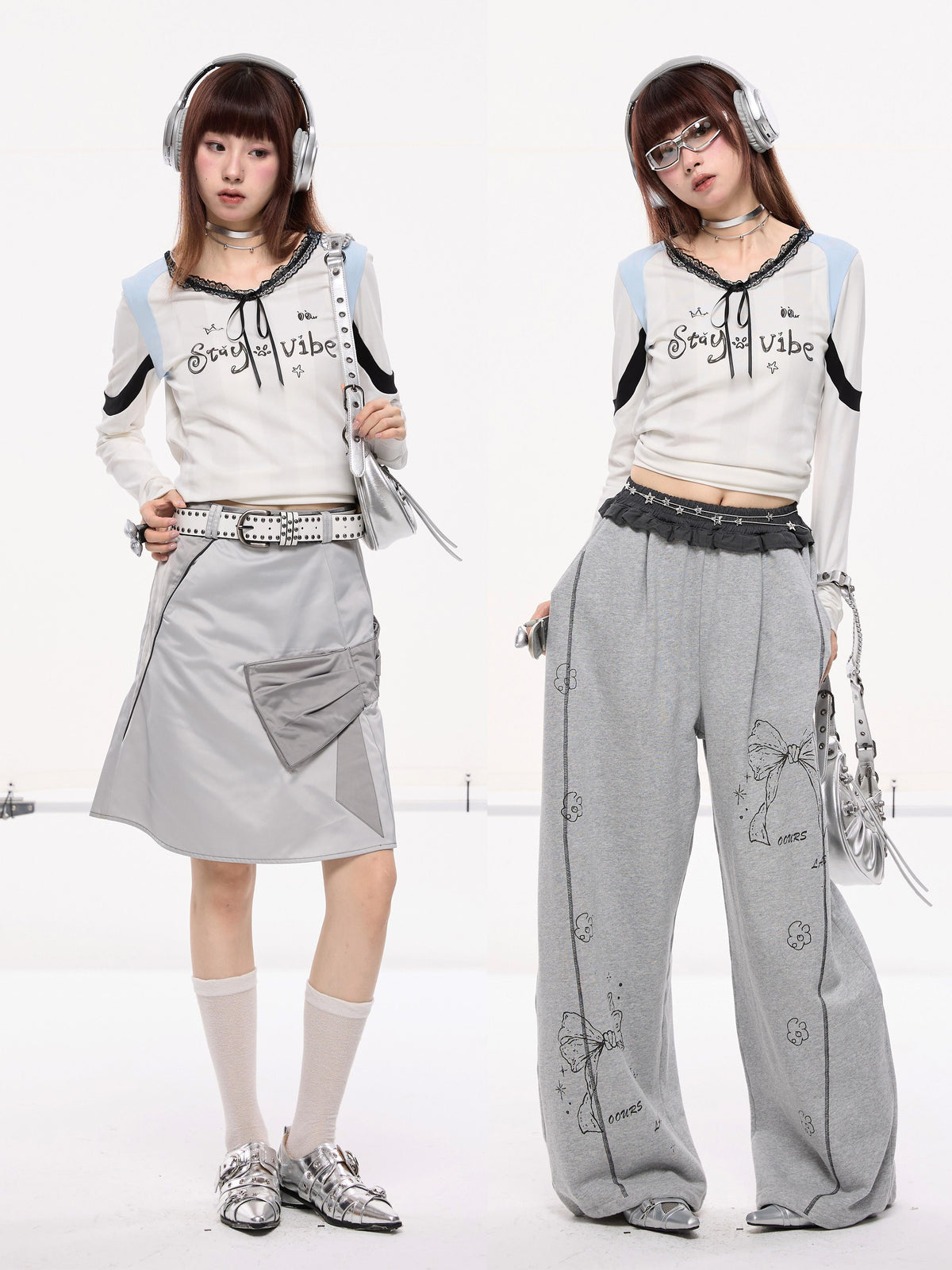 Lace Bow Collar Patchwork Jersey-Style T-Shirt