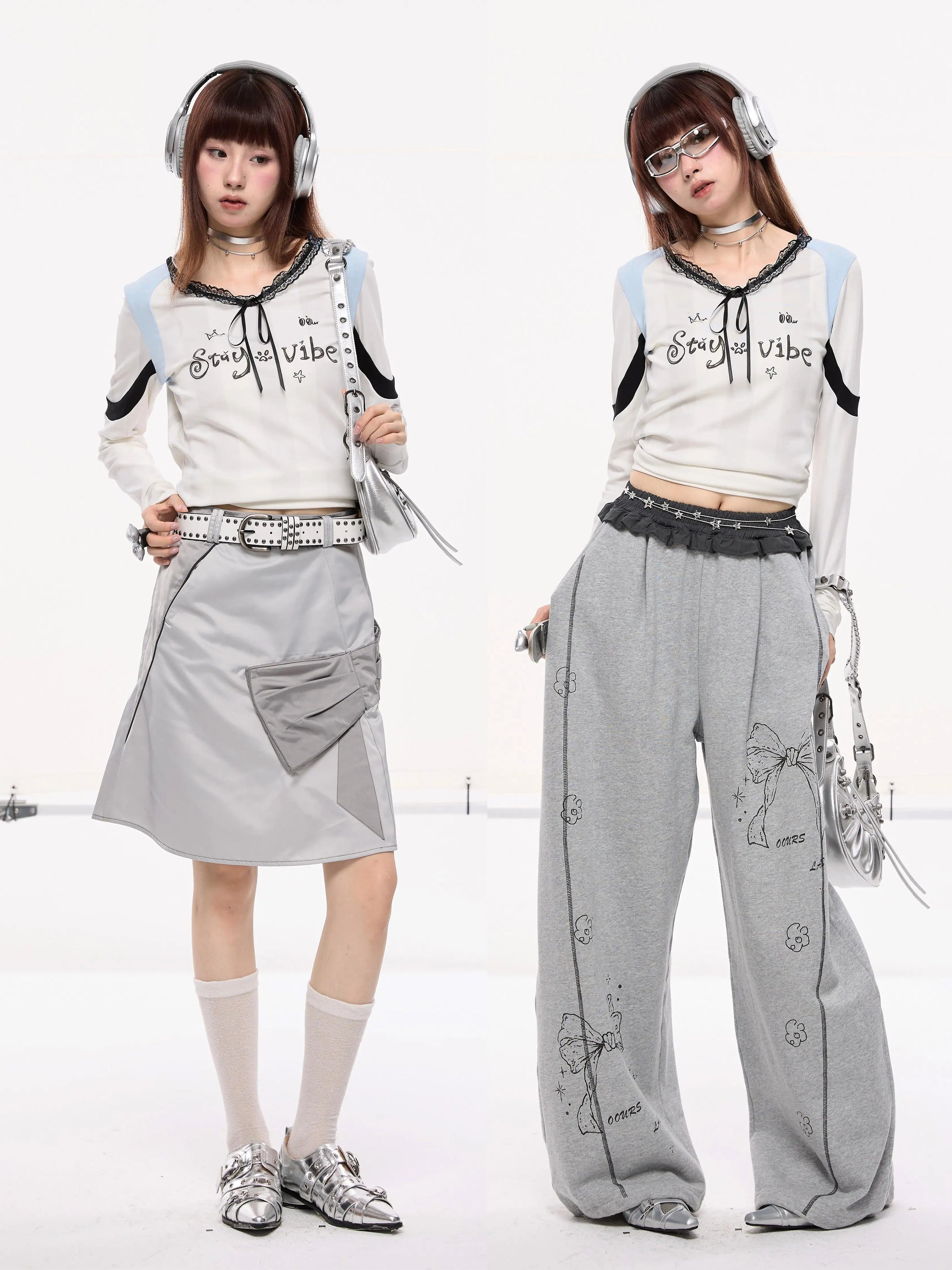 Lace Bow Collar Patchwork Jersey-Style T-Shirt