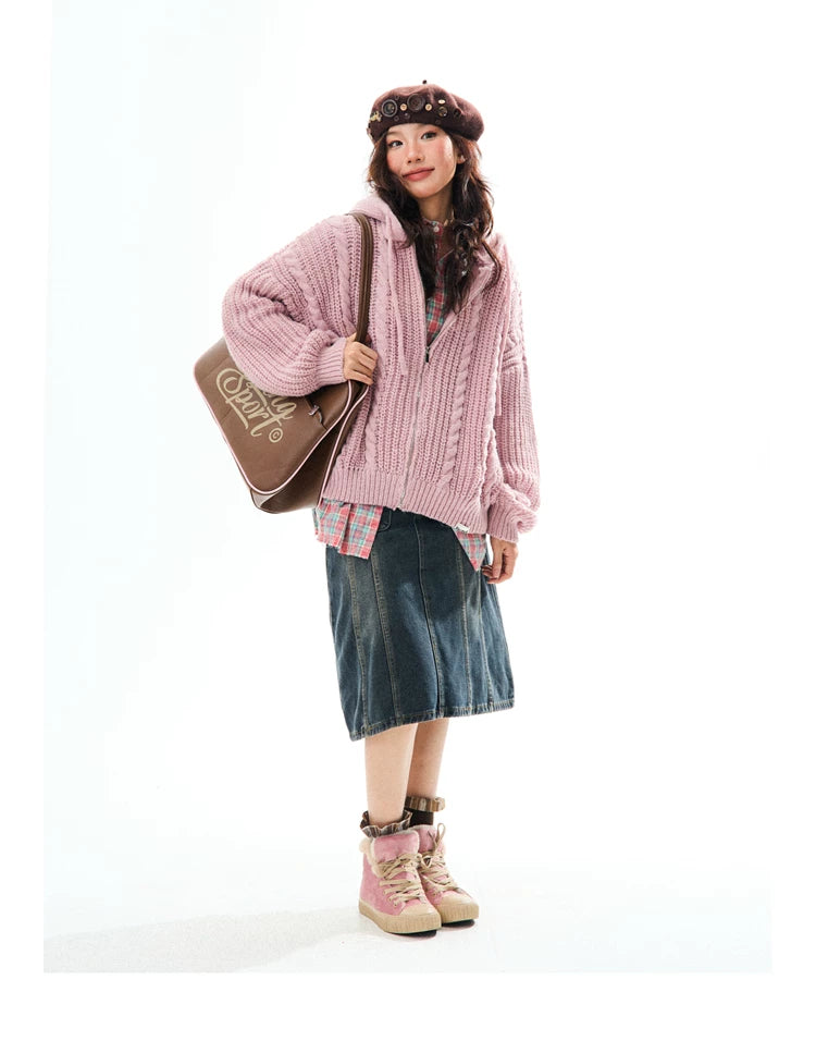 Chunky Knit Zipper Hooded Oversize Cardigan