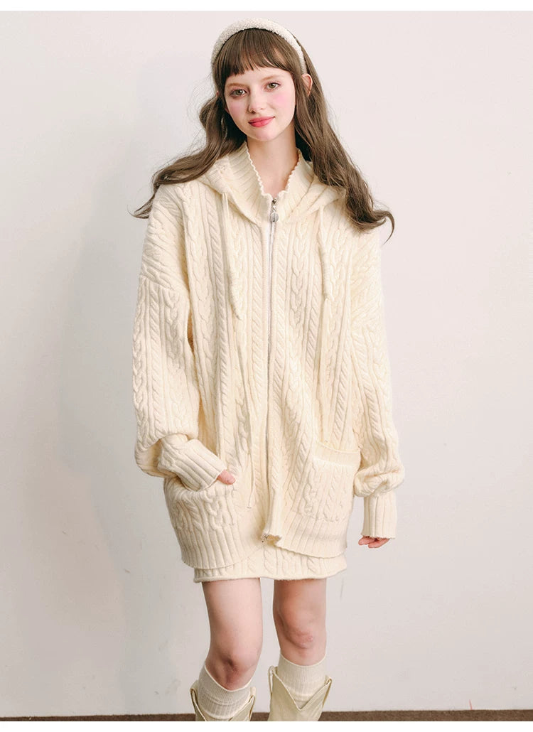 Bunny Hare Ear Hooded Zipper Knit Cardigan & Knit Skirt Setup