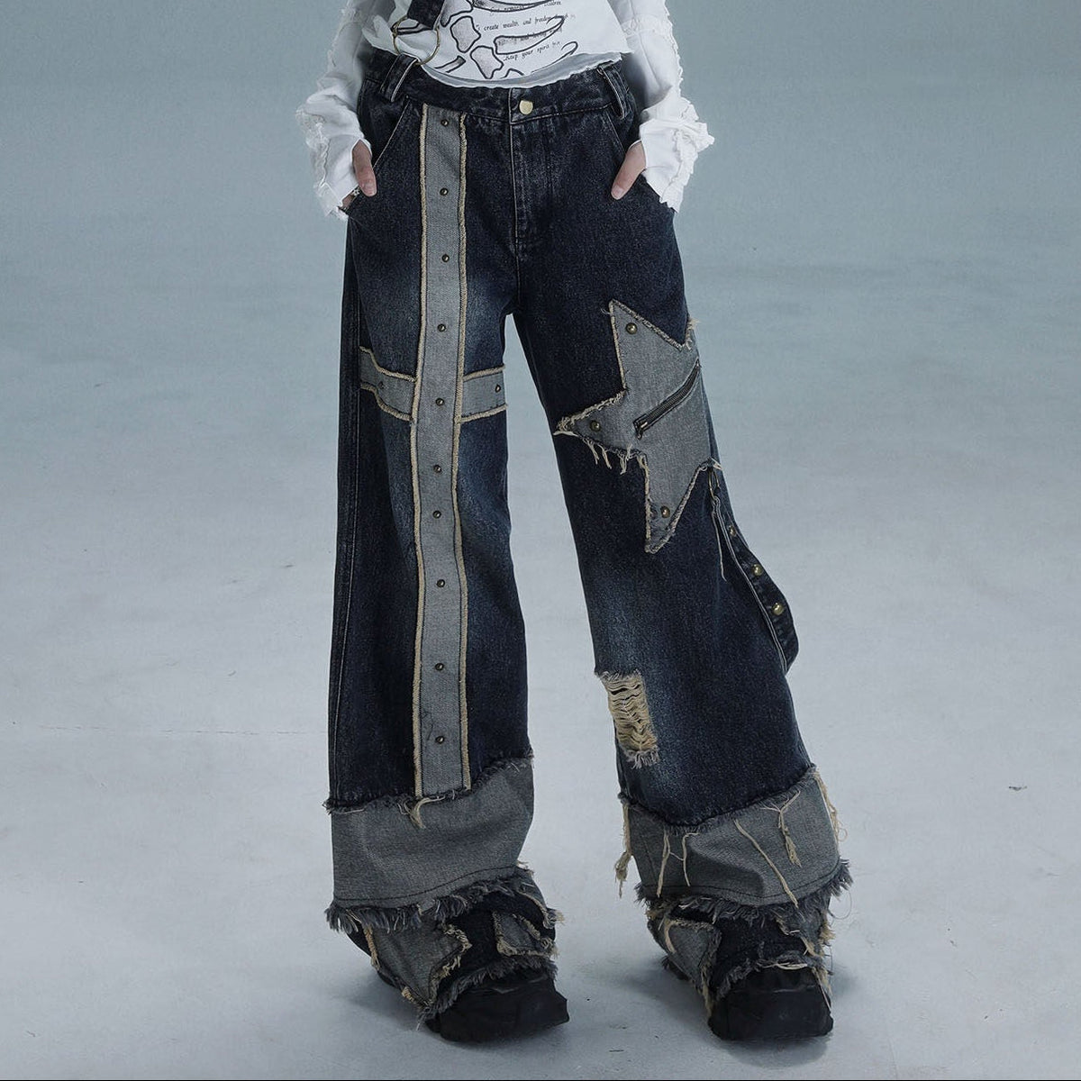 Low Waist Wide Leg Washed Stud Denim Jeans