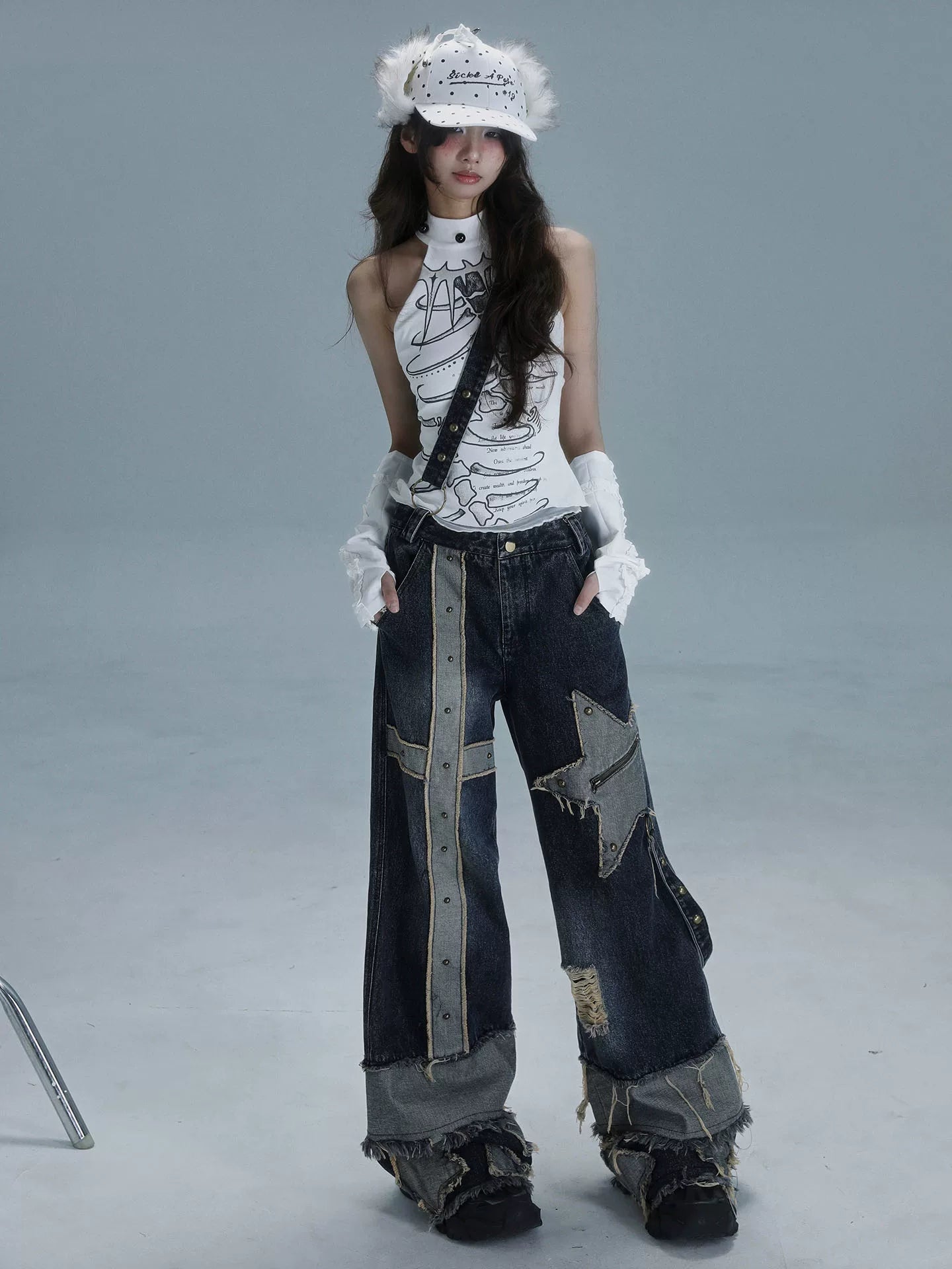 Low Waist Wide Leg Washed Stud Denim Jeans