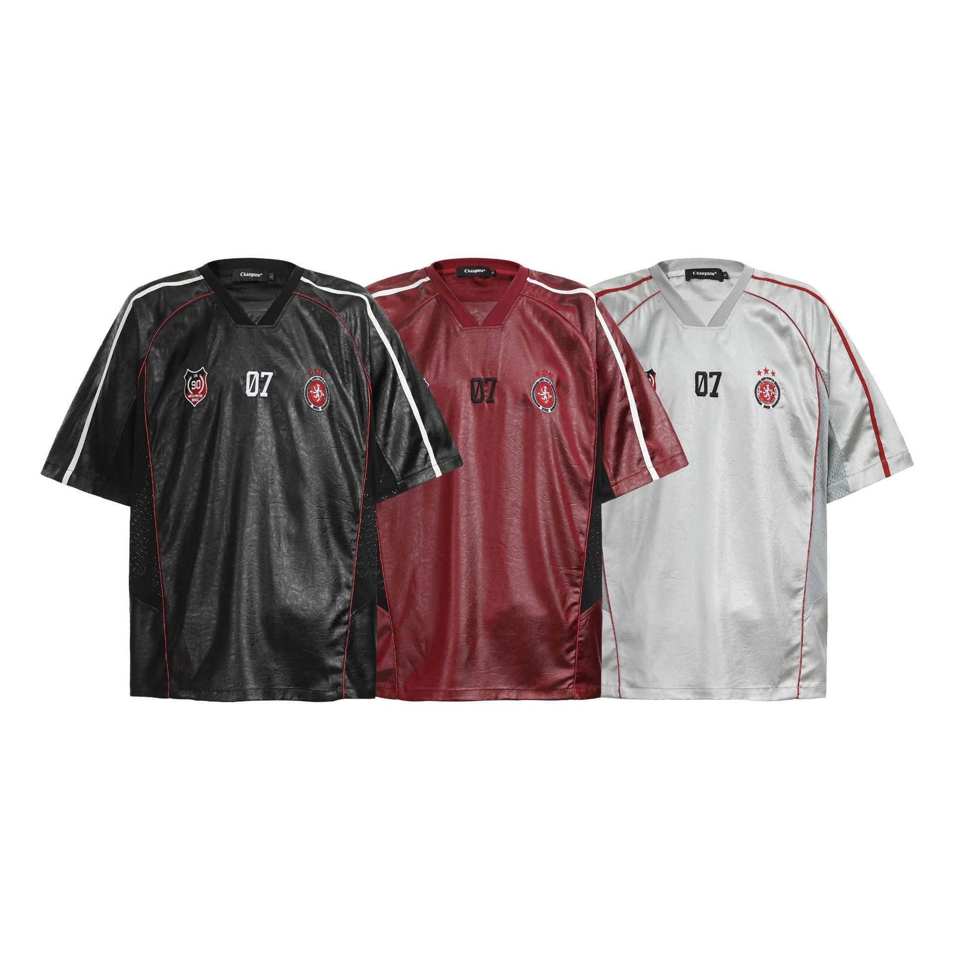 Chest Emblem PU Leather Stitching V-Neck Oversize Short Sleeve T-Shirt