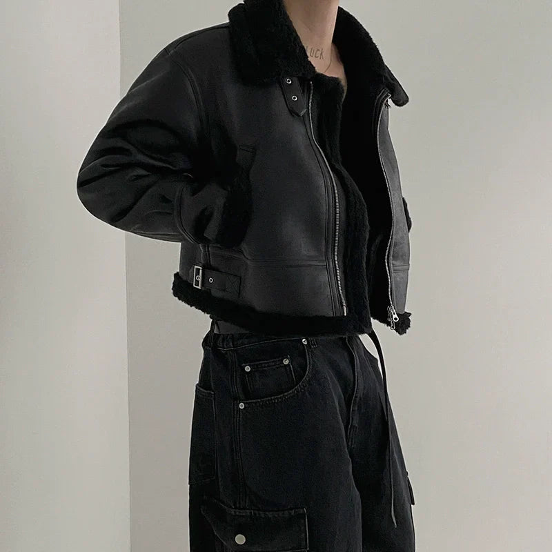 Boa Neck PU Leather Jacket