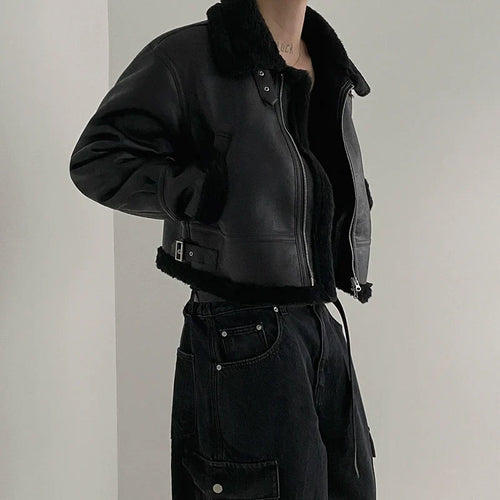 Chaqueta de cuero PU con cuello de boa - negro / M