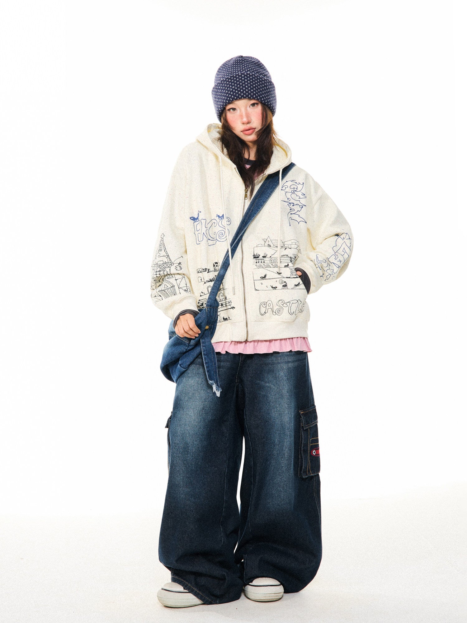 Graphic Print Oversize Zipper Hoodie