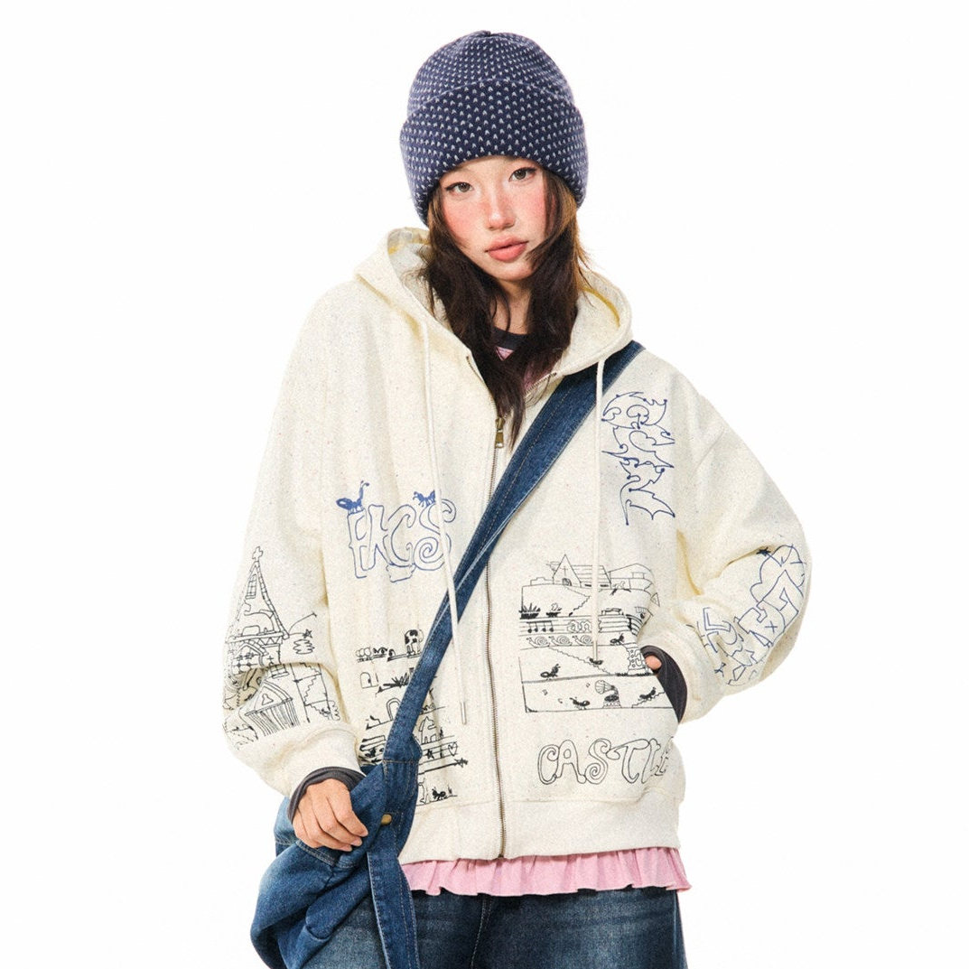 Graphic Print Oversize Zipper Hoodie