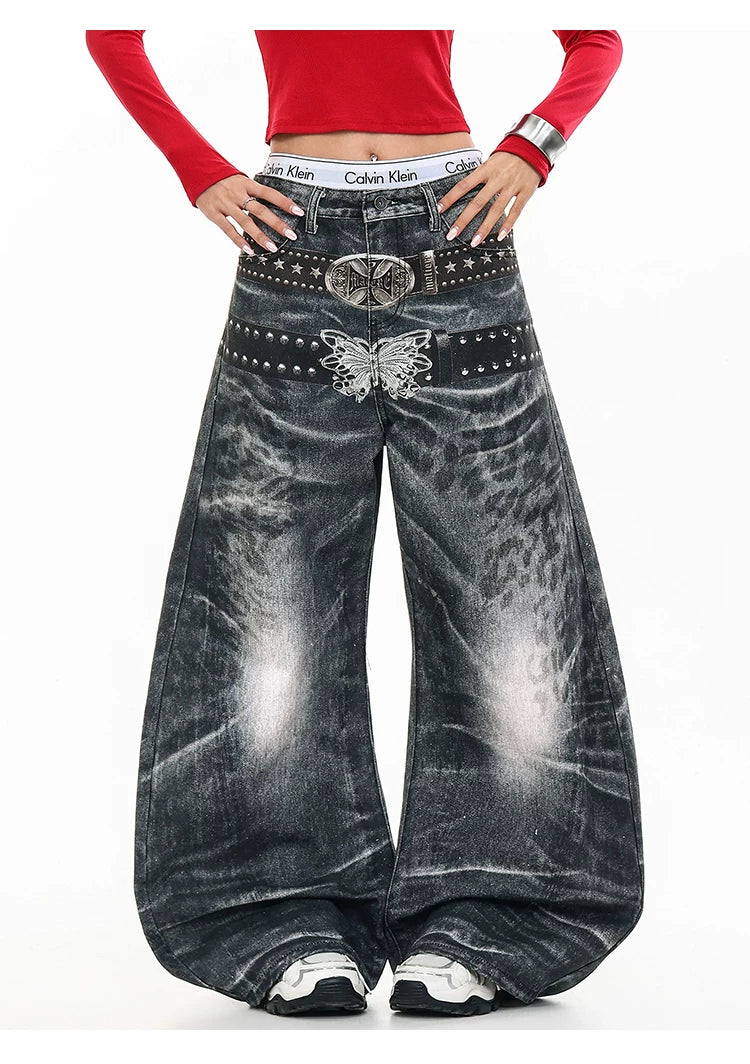 Butterfly Double Waistband 3D Print Wide Leg Denim Jeans