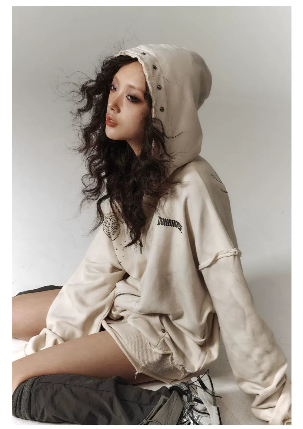 Washed Damage Oversize Zipper Hoodie & Short Skirt Setup