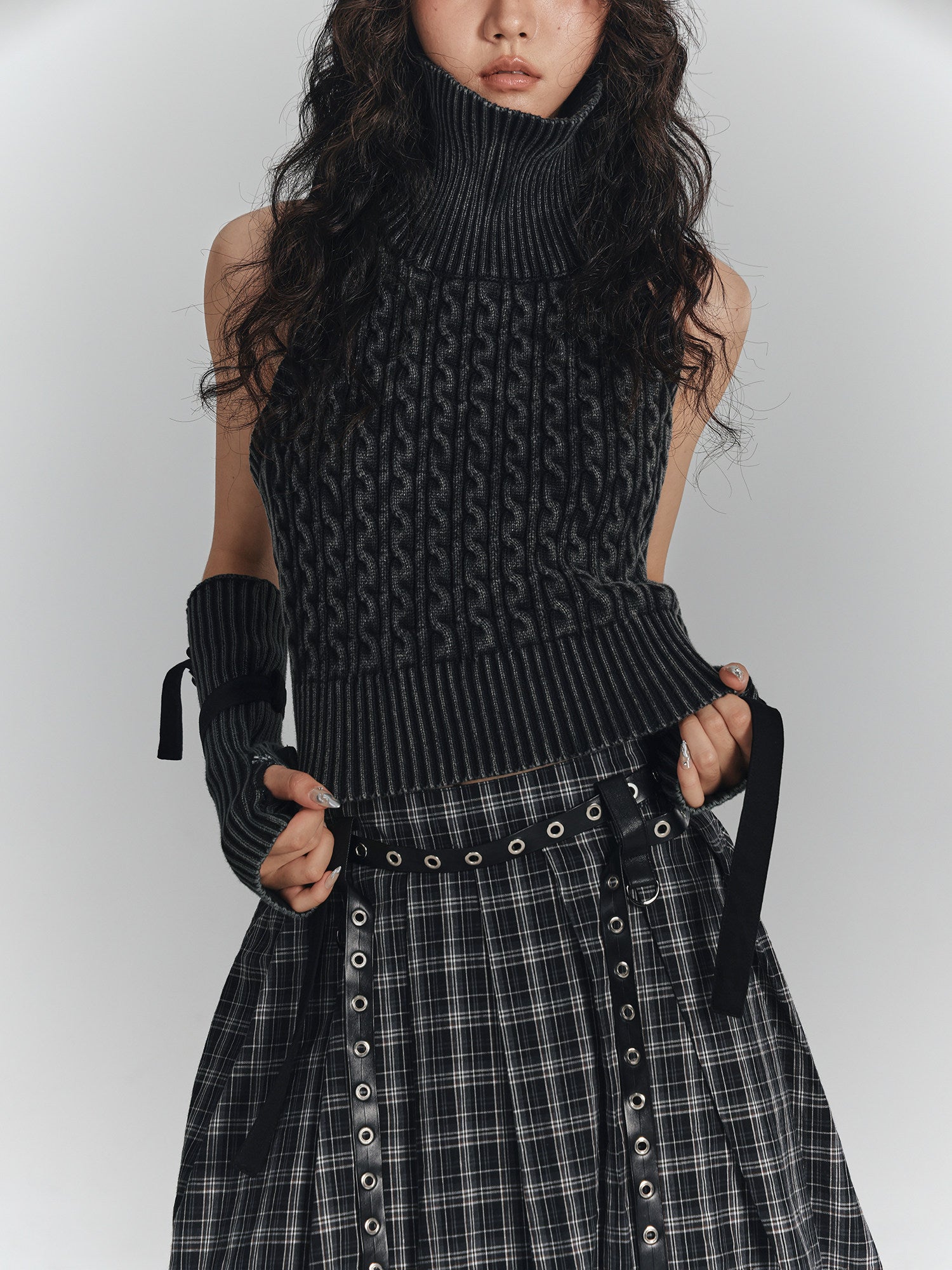 High-Neck Sleeveless Lace-Up Backless Knit Sweater & Arm Warmers