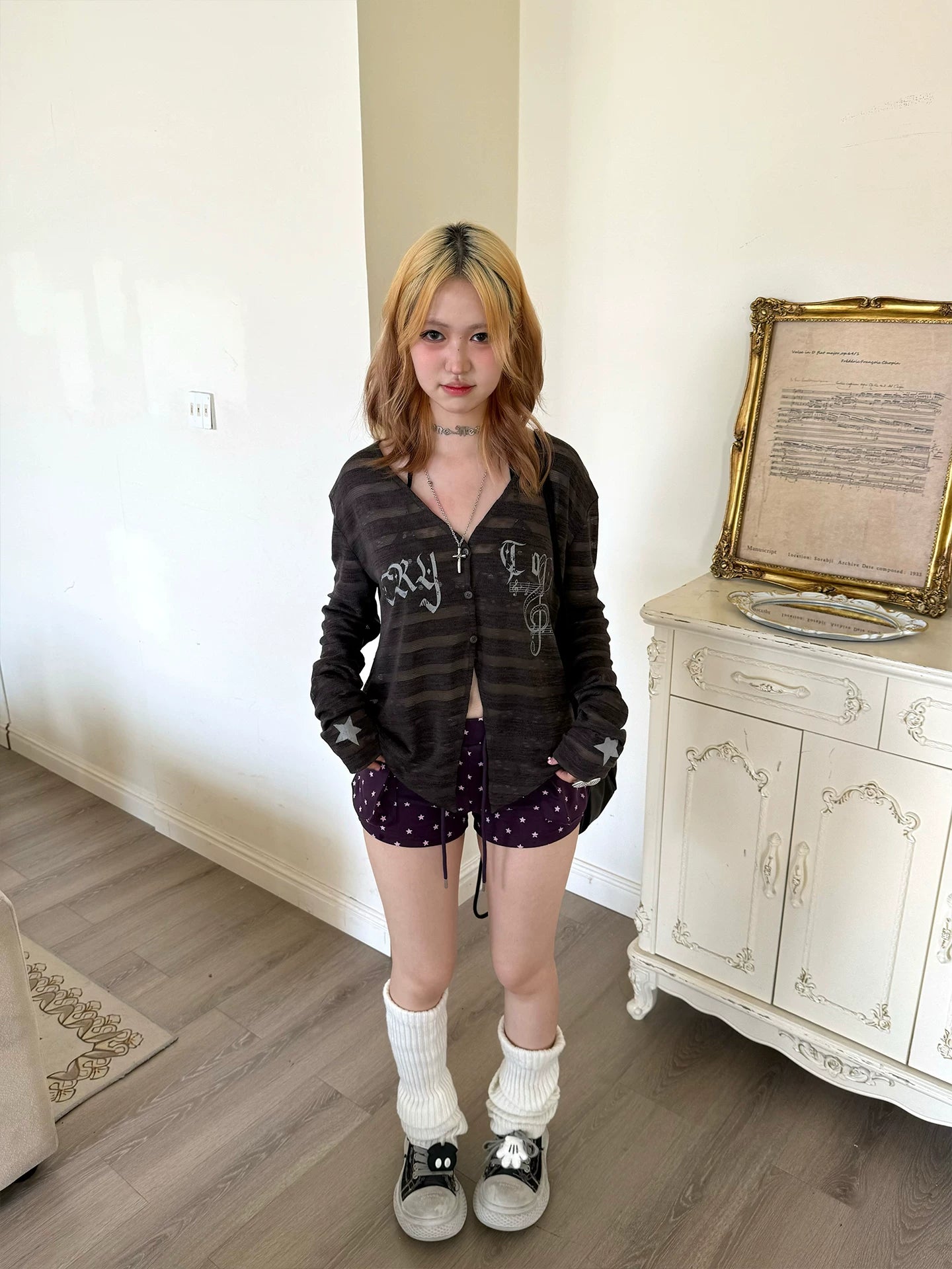Striped Note Print Star Print Cardigan