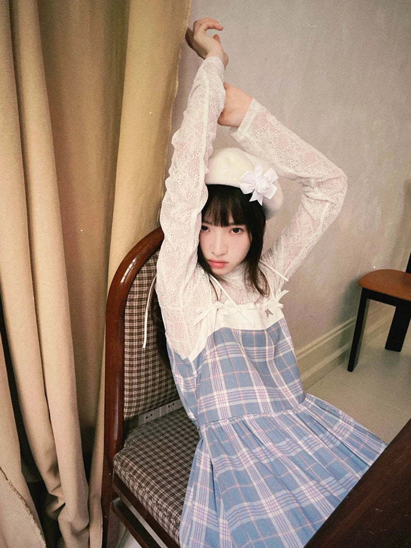 Bow Check Lace Camisole Dress