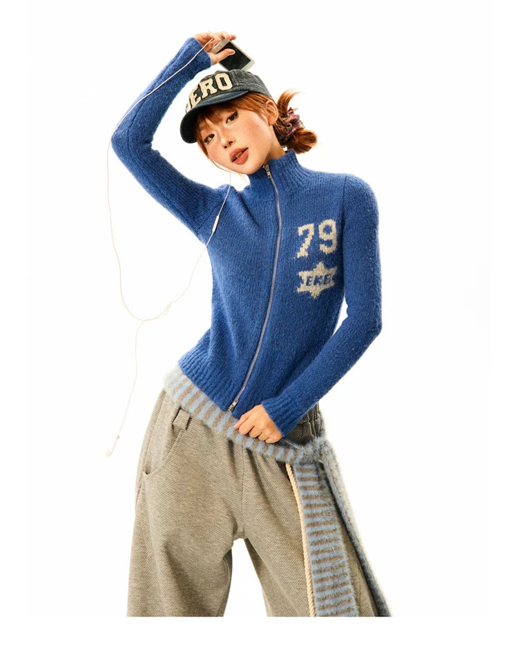 Number Patch Knit Zipper Stand Neck Cardigan