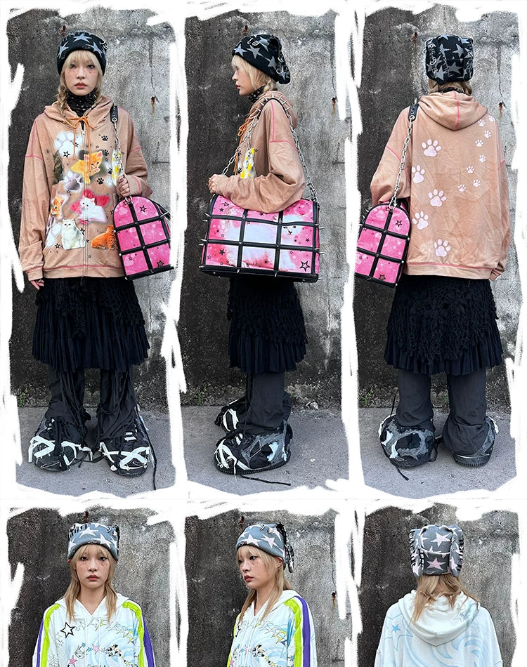 Star Print Rabbit Ear Knit Hat