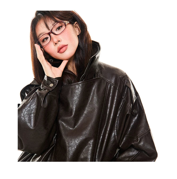 Asymmetrical Stand Collar PU Leather Jacket