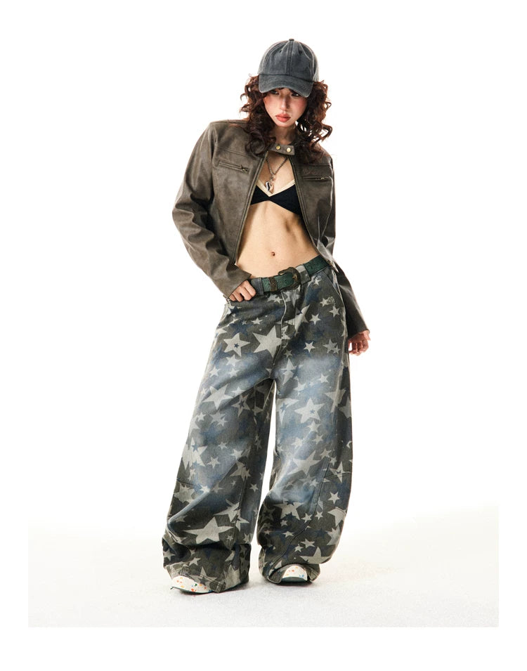 Star Print Damage Wide Leg Denim Jeans