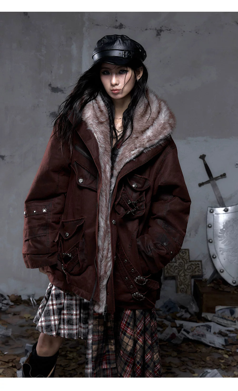 Fake Fur Hooded Multi-Pocket Buckle Detail Jacket