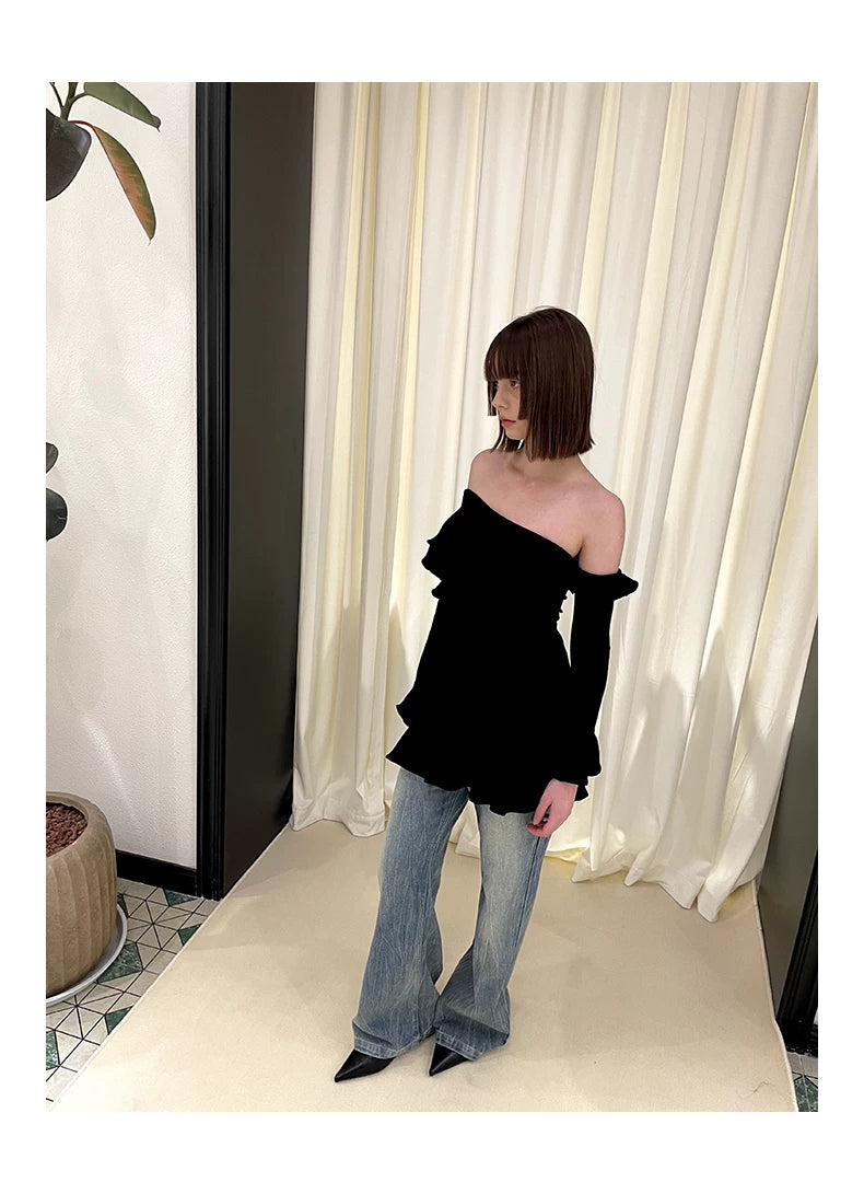 Irregular Ruffle Off Shoulder Lace Dress