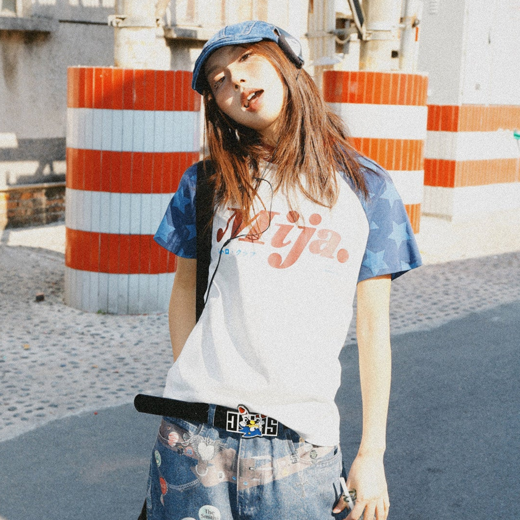 Raglan Sleeve Letter Print Fitted Short Sleeve T-Shirt