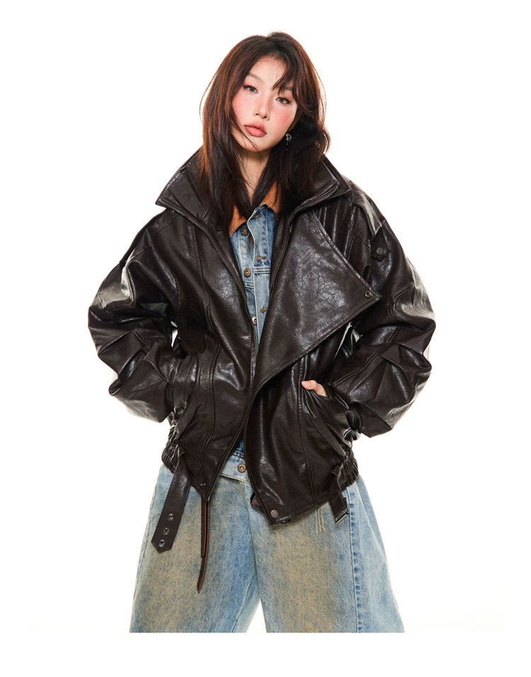 Asymmetrical Stand Collar PU Leather Jacket