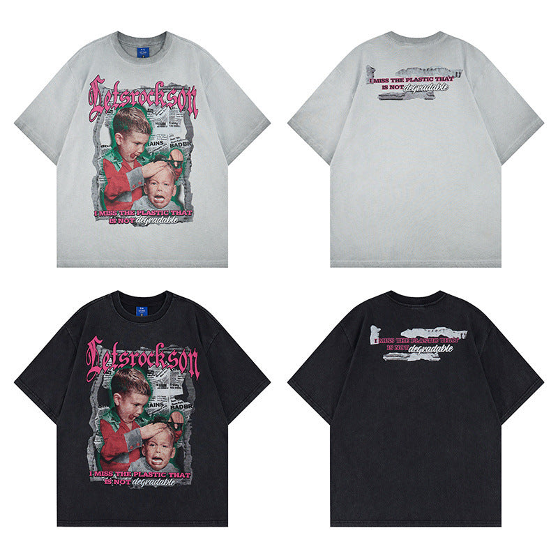 Washed Portrait Letter Print Short Sleeve T-Shirt