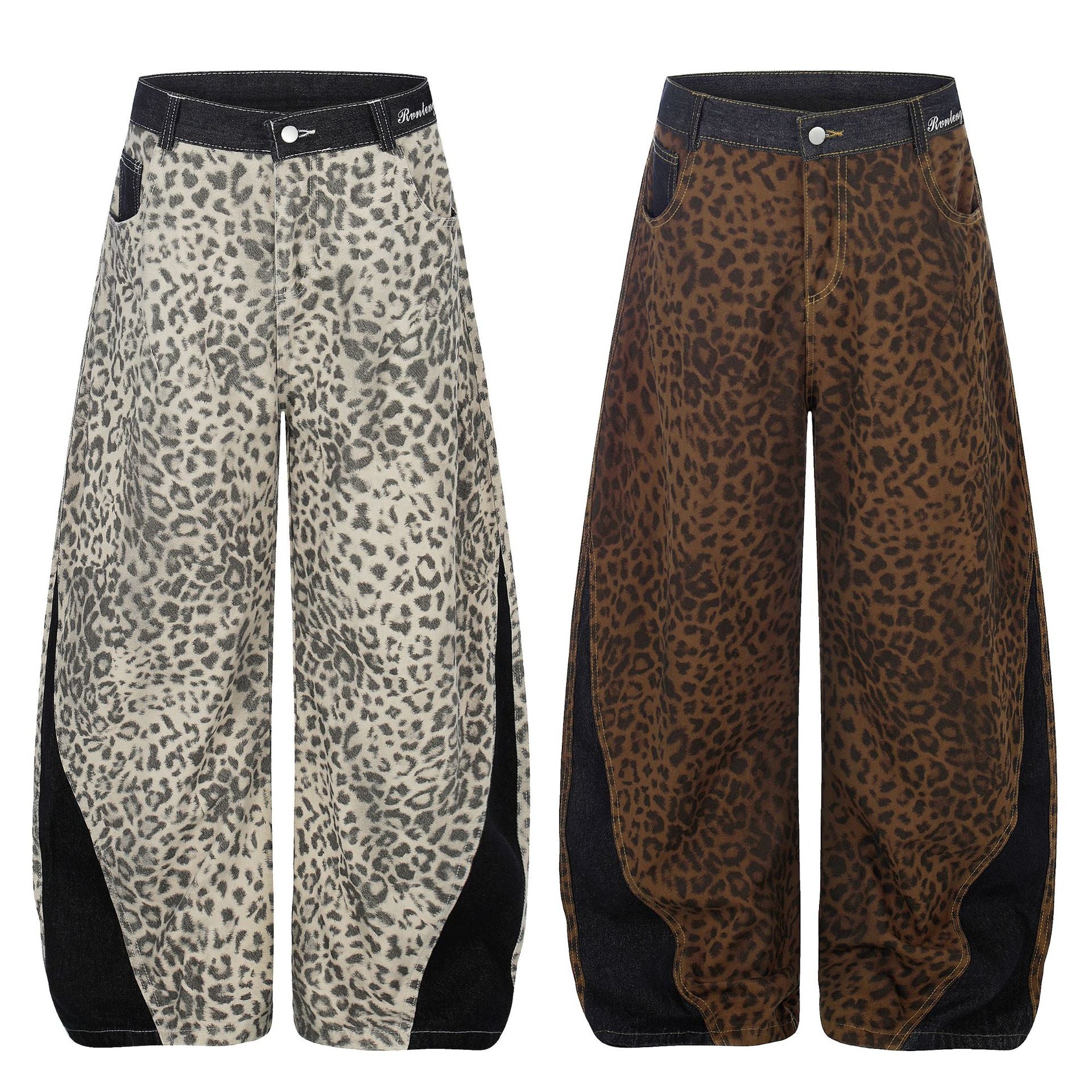 Leopard Print Curved Wide Leg Denim Jeans