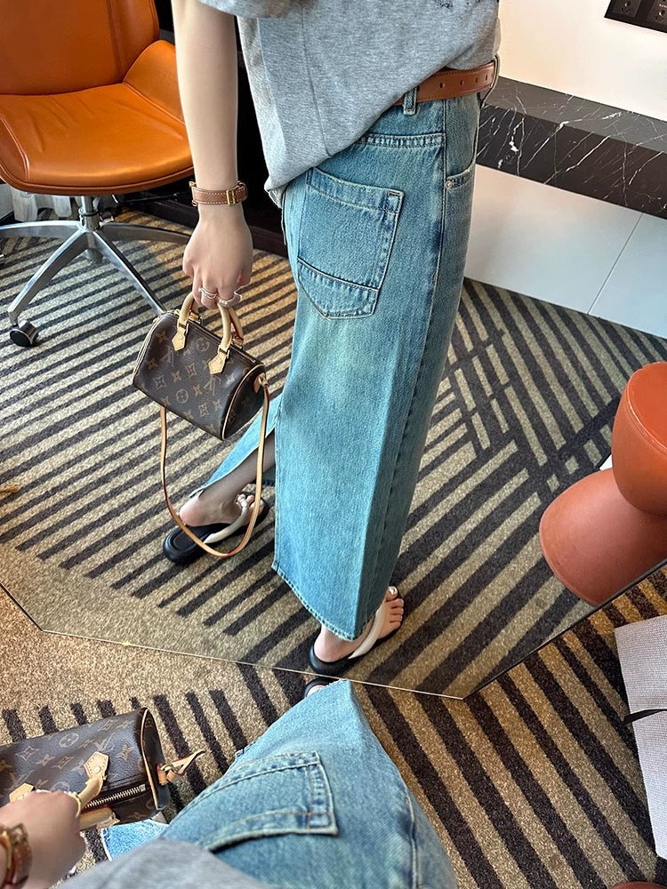 High-Waisted Denim Maxi Skirt