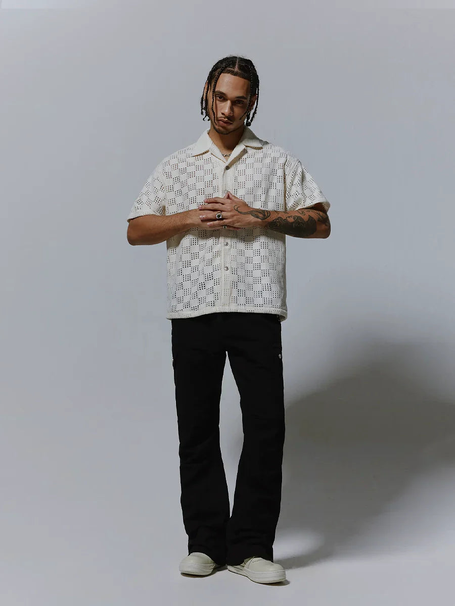 Cutout Cuban-Collar Short Sleeve Shirt