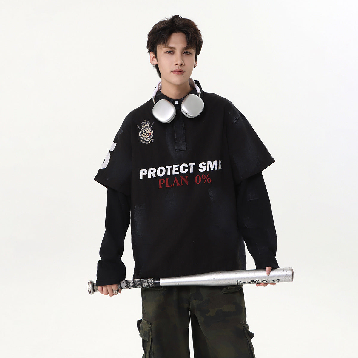 Dirty Washed Fake Layered Long Sleeve T-Shirt