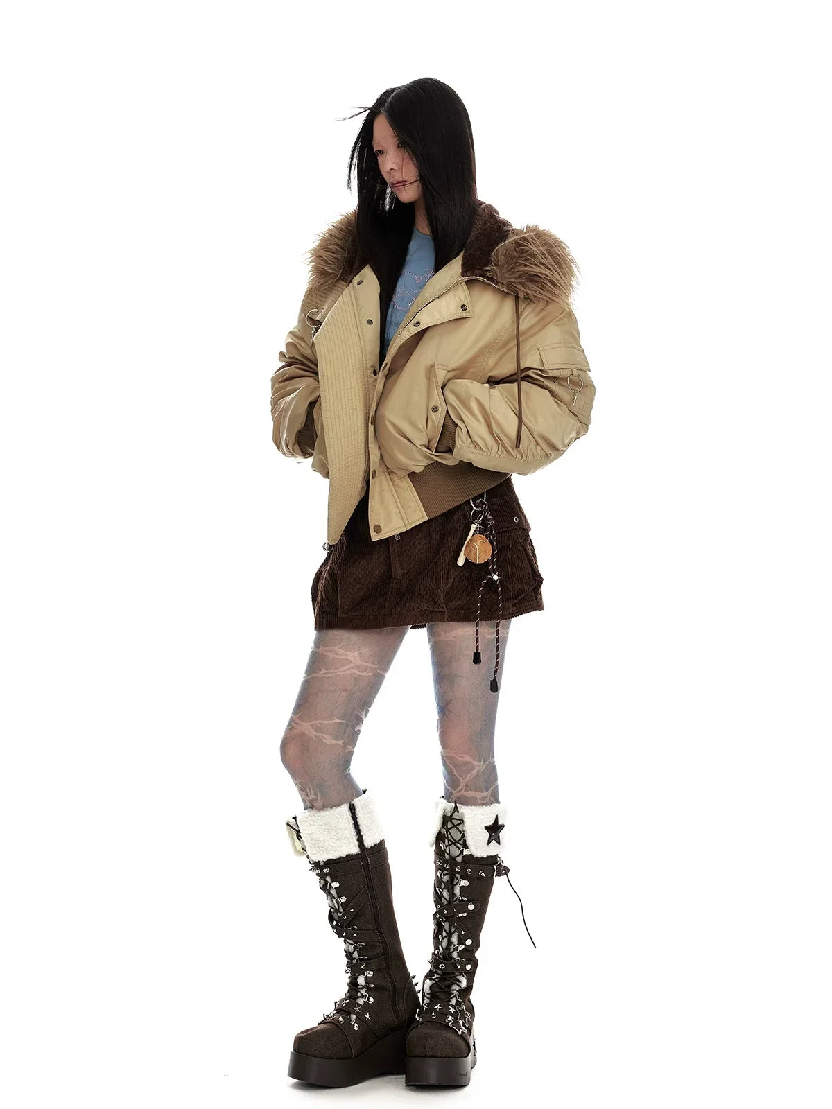Hooded Fur-Collar White Duck Down Jacket