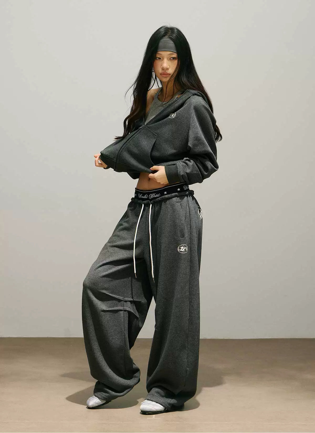 Logo Print Cropped Hoodie & Logo Print Wide Leg Sweatpants Setup