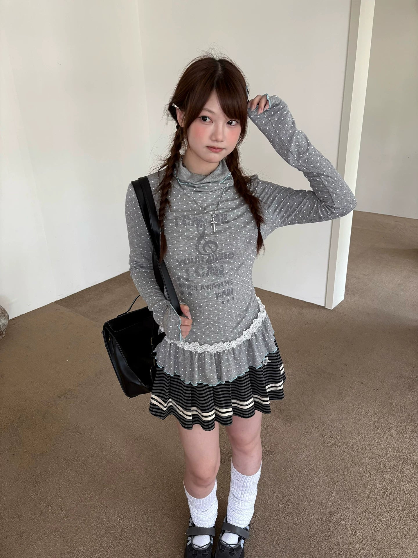 Polka Dot Lace High-Neck Long Sleeve T-Shirt