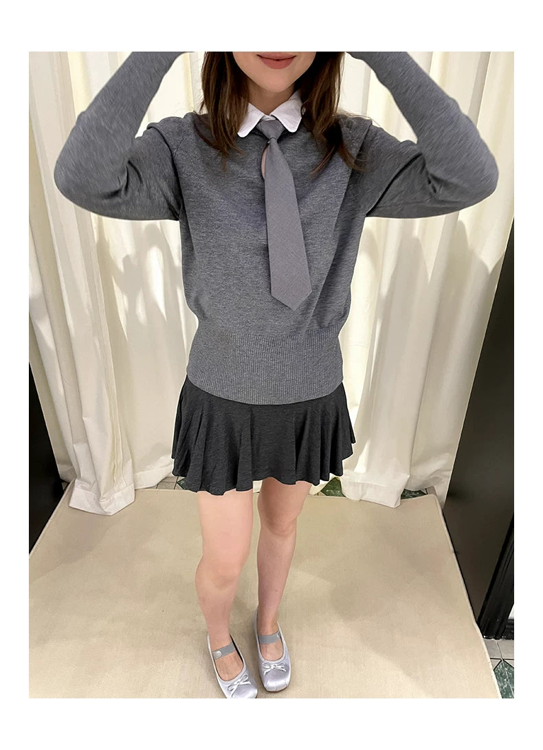 Collar Knit Sweater & Pleats Short Skirt Setup