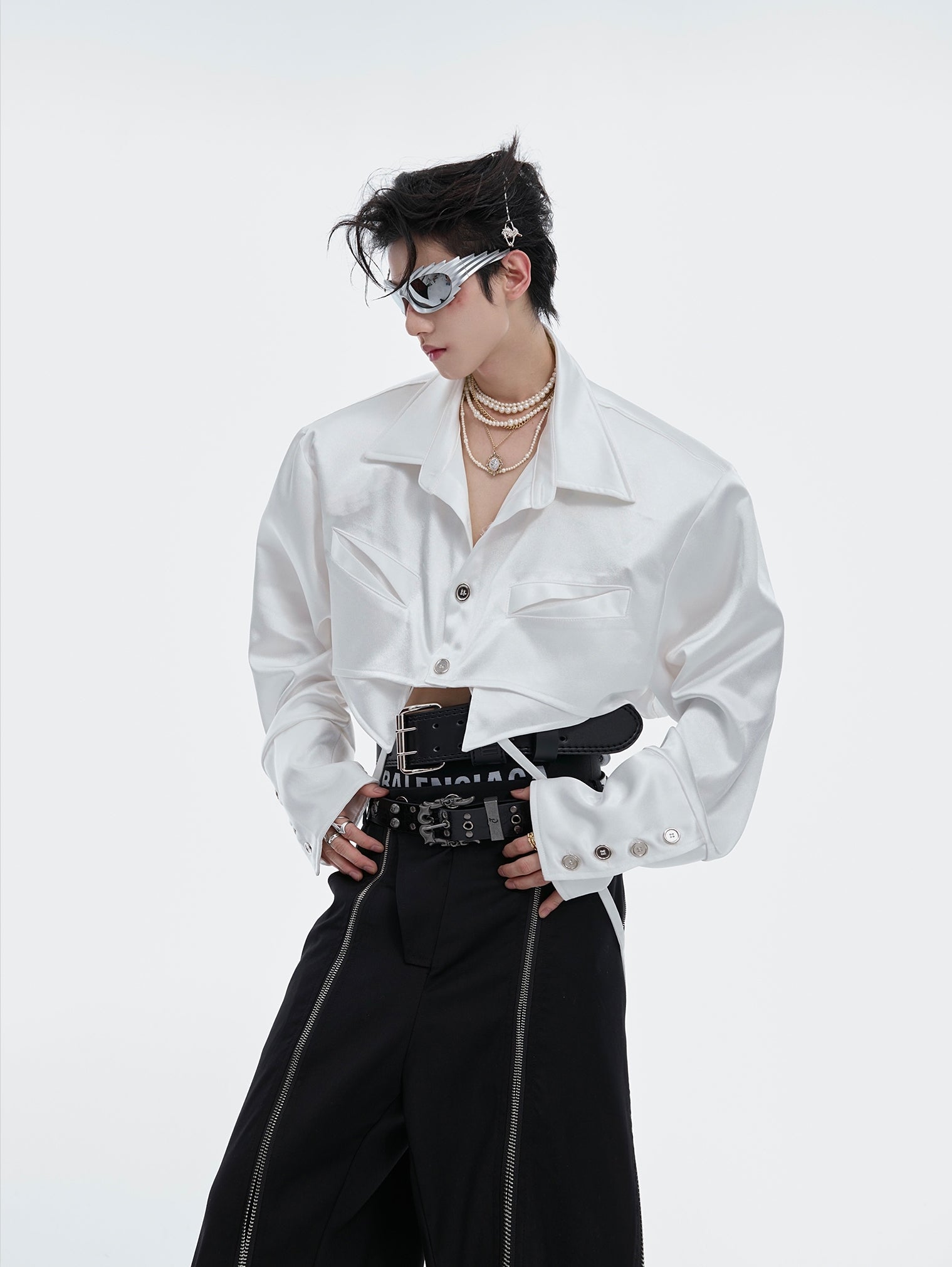 Shoulder Pad Cropped Long Sleeve Shirt