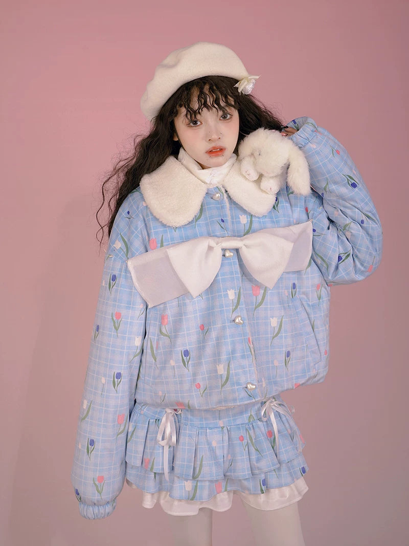 Flower Print Bow Fleece Lining Puffer Jacket