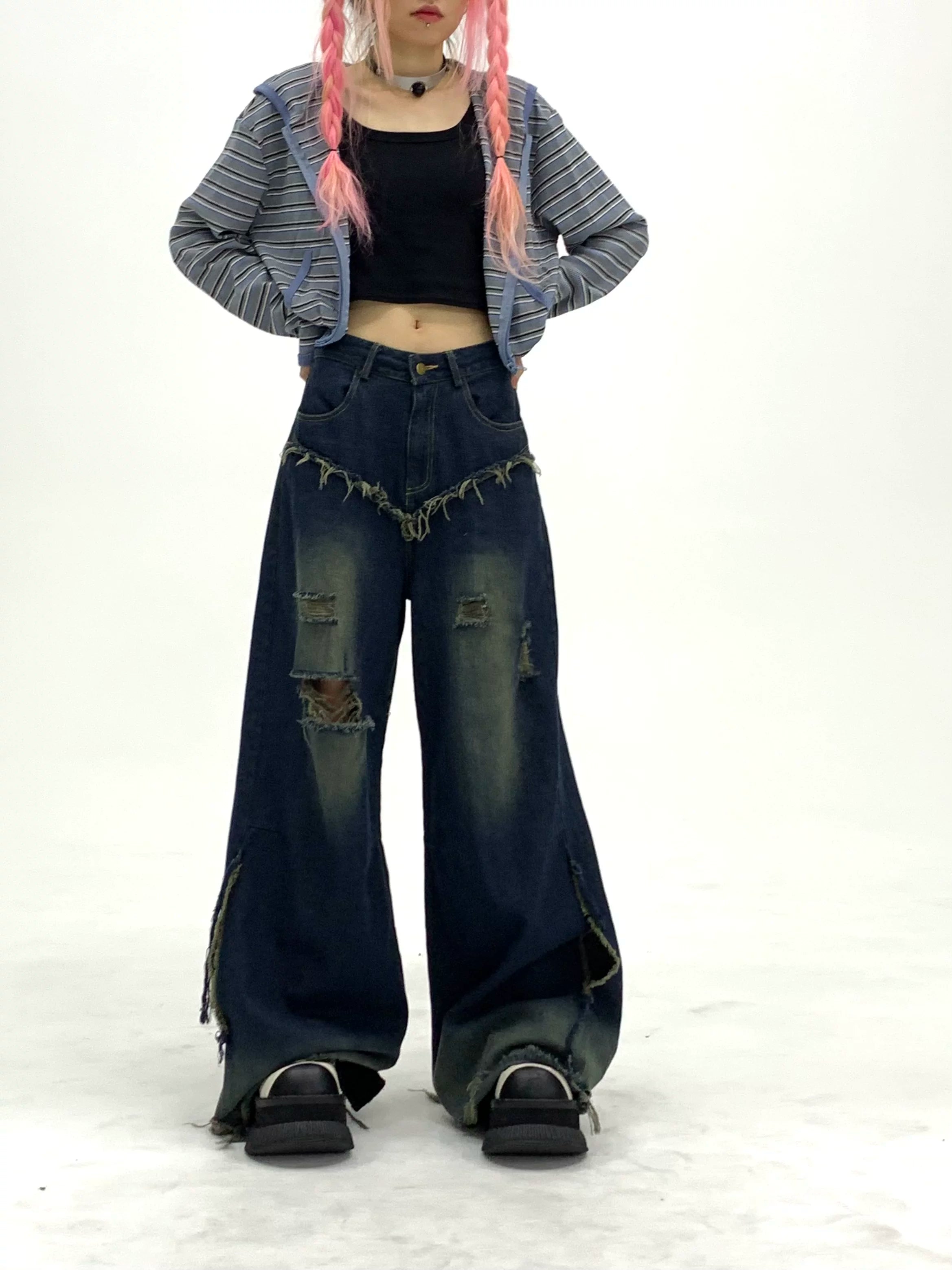 Washed Damage Fray Panel Wide Leg Denim Jeans