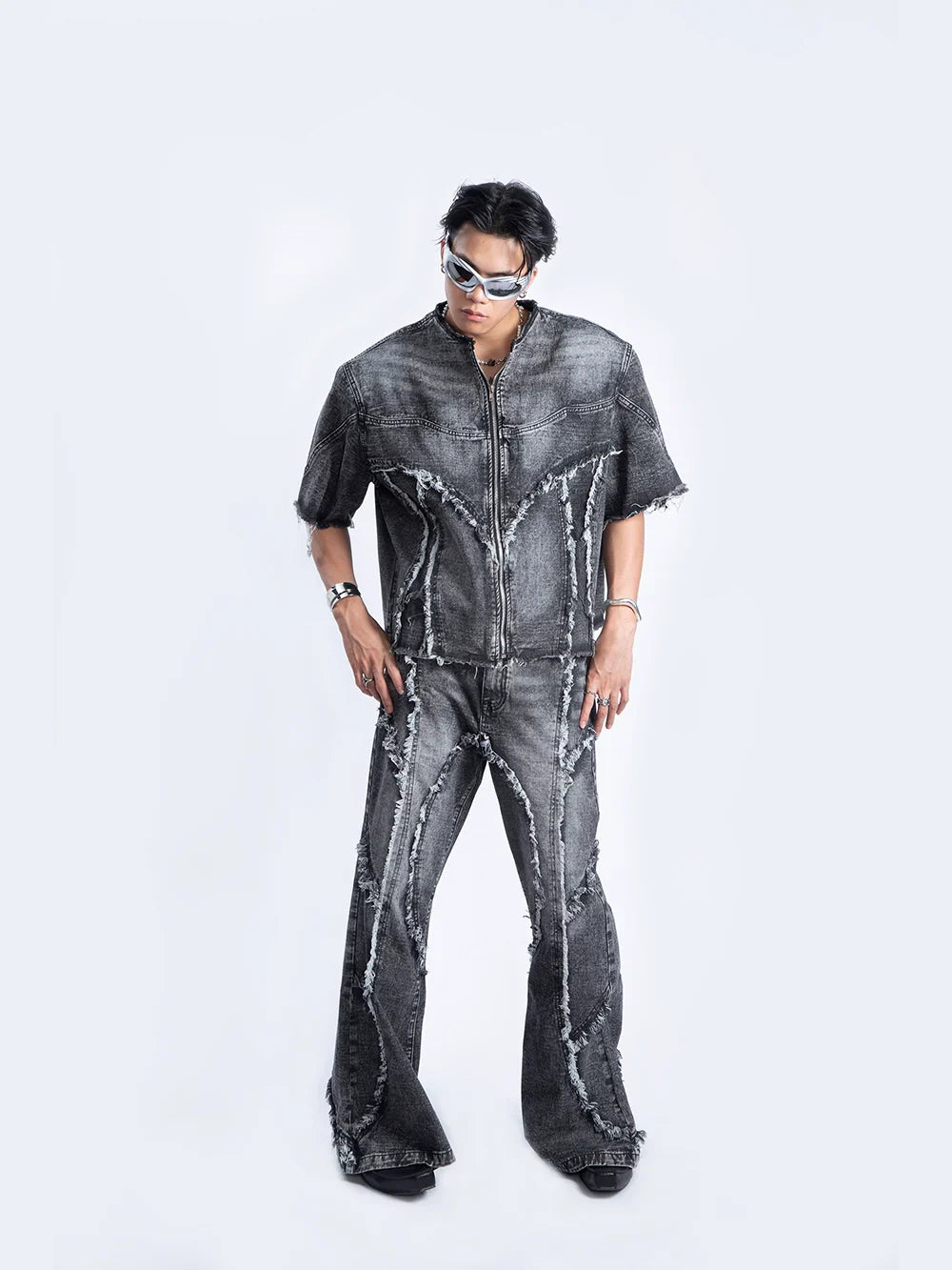 Damage Fringe Short-sleeve Denim Jacket & Micro Flare Denim Jeans Setup