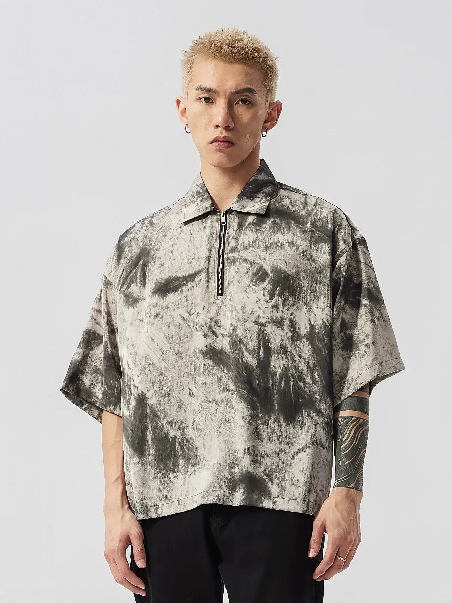 Tie-Dye Ink Design Half Zipper Polo Shirt