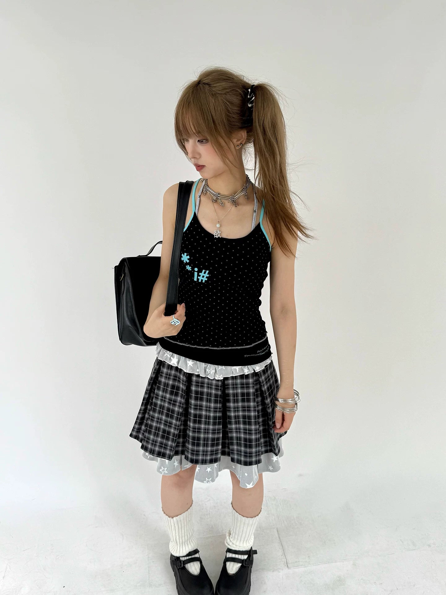 Plaid Lace Layered Star A-Line Short Skirt
